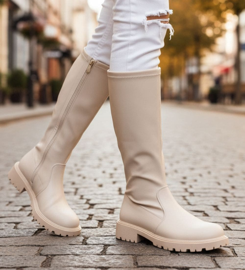 Beżowe kozaki damskie z suwakiem /D8-3 18134 T397/