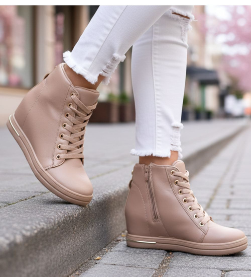 Beżowe sneakersy damskie na koturnie /F7-2 12802 T891/