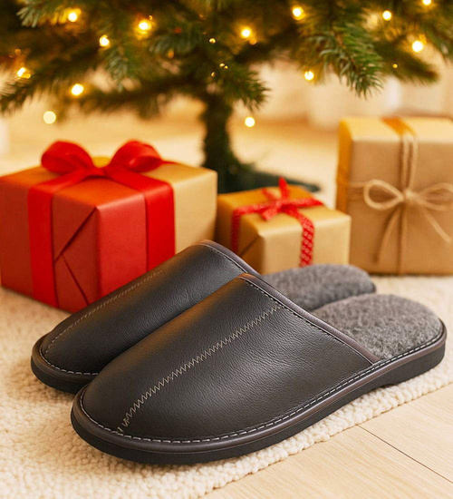 Skórzane kapcie męskie z wełną Szare /D8-1 18467 S197/