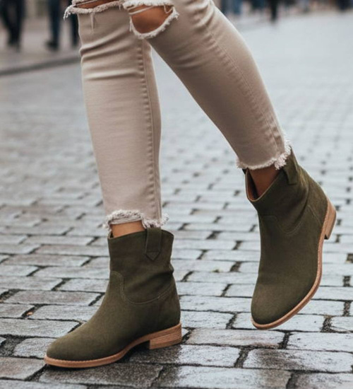 Botki damskie Lekko ocieplone Khaki /G6-2+H2 16899 T184/ 