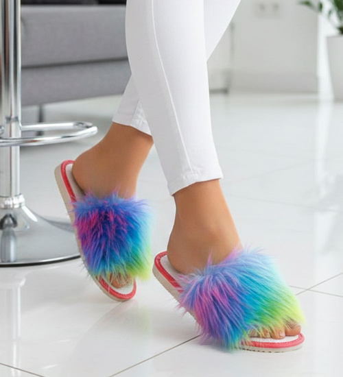 Tęczowe klapki damskie z futerkiem /A3-1 16396 S291/
