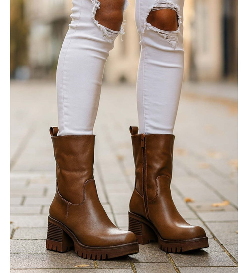 Botki na obcasie klocku Khaki /F6-3 18308 T4/