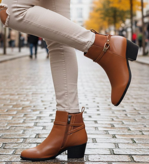 Karmelowe botki na grubym obcasie /C1-2 18539 G285/