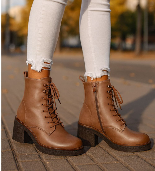 Sznurowane botki workery na obcasie Khaki /i4-3h2 18407 W385/
