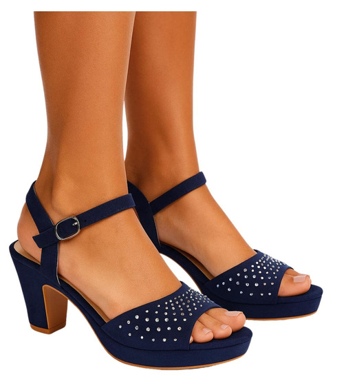 Granatowe damskie sandały na słupku i platformie /E3-2 16065 G185/