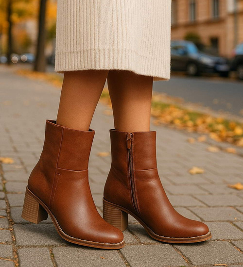 Karmelowe botki damskie na obcasie /i4-3 h2 18378 W381/