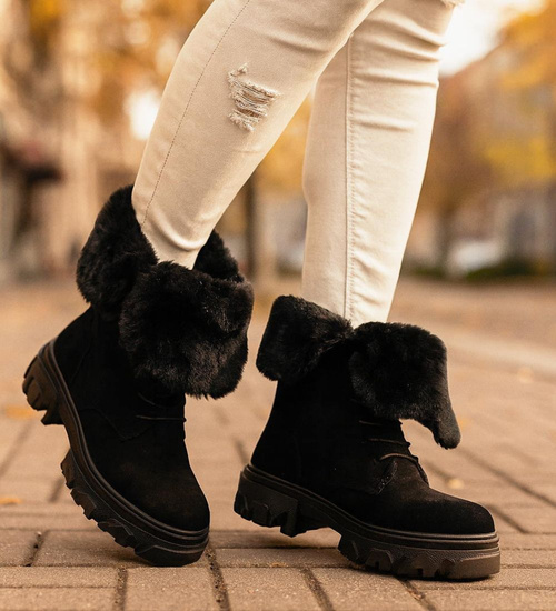 Zimowe botki trapery z wywijaną cholewką Czarne /G3-3 18529 T288/