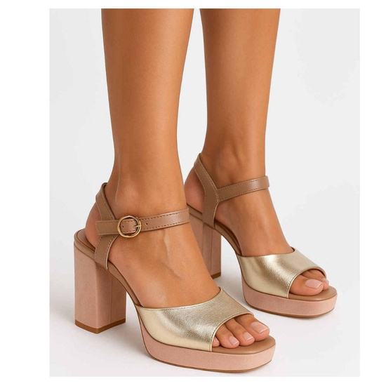 Złote damskie sandały na słupku /G7-1 17540 G136/