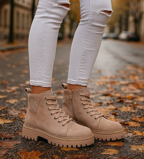 Sznurowane botki trapery na platformie Khaki /G5-2 18246 W437/