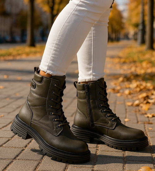 Sznurowane ocieplane botki trapery Zielone /E8-3 18254 W430/