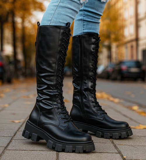 Wysokie wiązane glany damskie Czarne /A9-1 12550 T592/