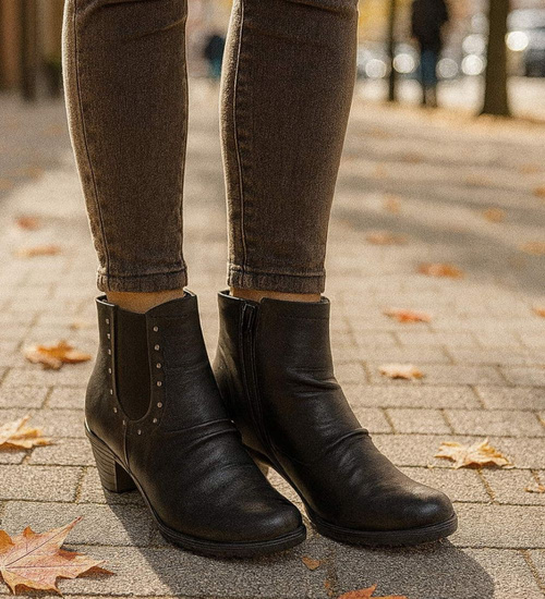 Damskie czarne botki na niskim obcasie /E10-3 12579 T145/