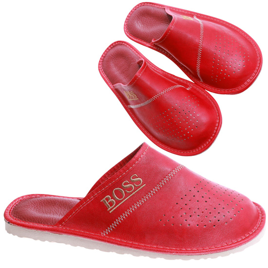 Kryte skórzane męskie klapki domowe BOSS Czerwone /G7-1 17322 S199/