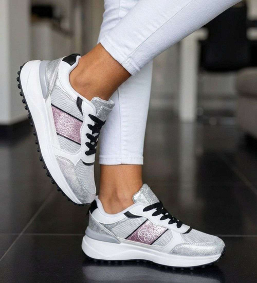 Biało srebrne wiązane buty sportowe /A2-3 18843 T232/