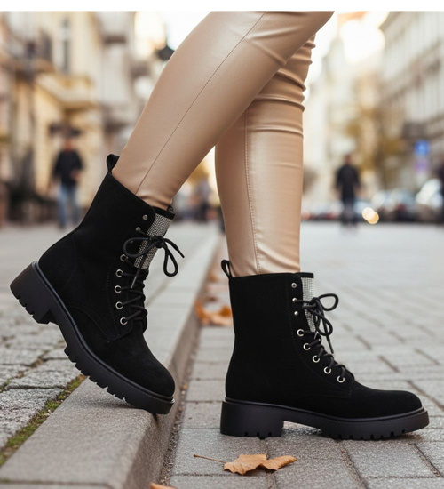 Zimowe botki trapery czarne z cyrkoniami /B2-1 18559 W440/