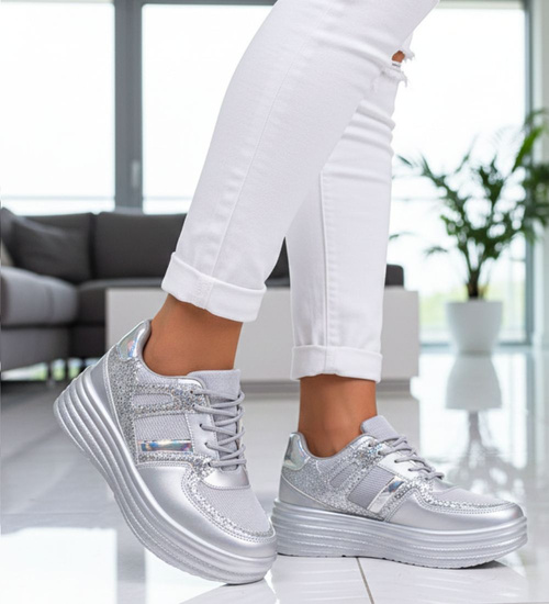 Sportowe damskie buty na platformie srebrne /G1-2 12514 T231/