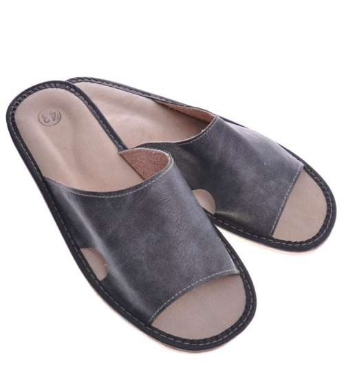 Wygodne domowe klapki z naturalnej skóry Szare /D5-1 4893 S156/