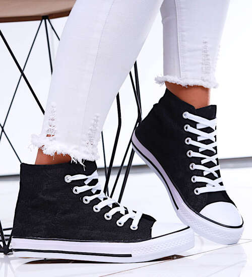 Klasyczne czarno białe trampki damskie koronkowe z wysoką