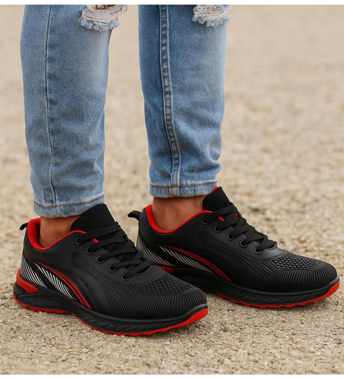 Sznurowane męskie czarno czerwone buty sportowe /F6-3 18094 T286/