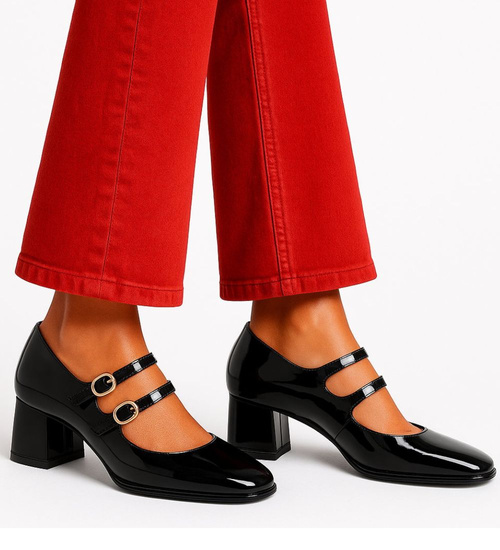 Czarne czółenka na niskim obcasie z paskami /E1-3 17520  W182/