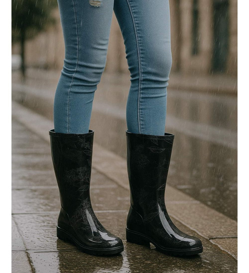 Kalosze damskie Czarne wysokie gumiaki z wzorem /G12-1 17780 T345/