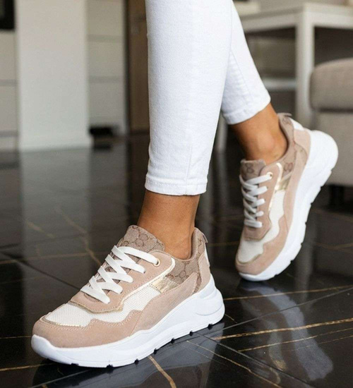 Wiązane sportowe buty damskie beżowe /D5-3 13920 T292/