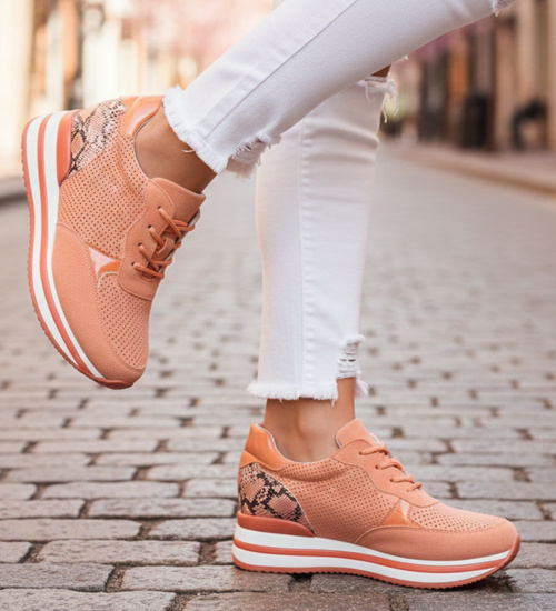 Pomarańczowe trampki na koturnie /D2-3 12393 S394/ 