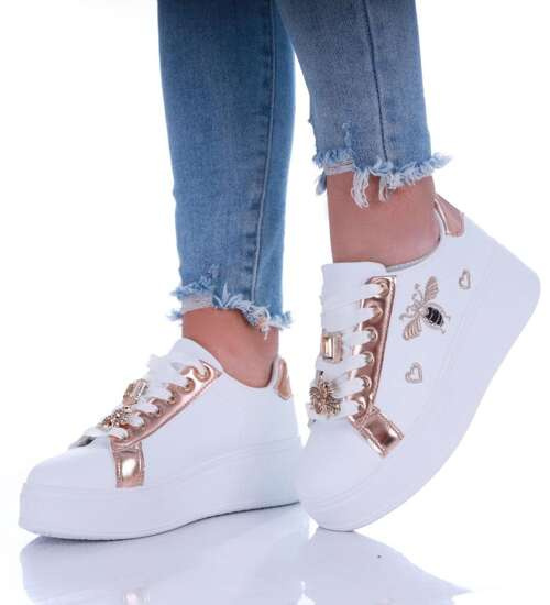 Białe sznurowane damskie trampki na platformie /B6-2 16909 T537/