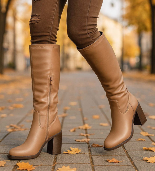 Klasyczne kozaki na obcasie khaki lekko ocieplane /F8-1 18521 T433/