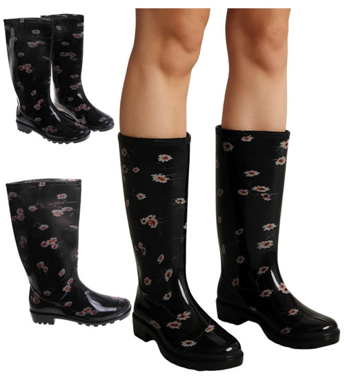 Kalosze damskie Czarne wysokie gumiaki w kwiaty /C3-1 17792 T349/