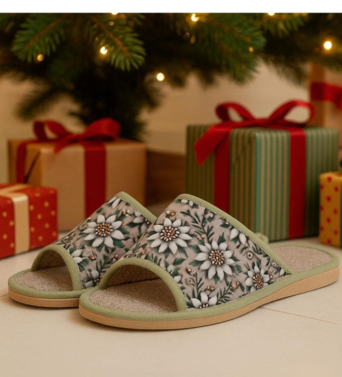 Kapcie z tkaniny z kwiatowym wzorem Zielone /D8-1 18591 S174/