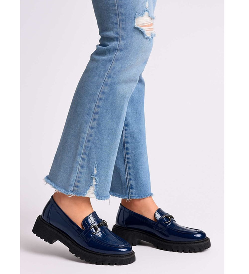 Granatowe półbuty loafersy na platformie /G1-3 15445 T284/