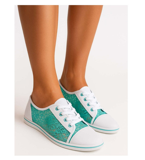Biało zielone ażurowe koronkowe tenisówki /C3-2 17617 T13-5/
