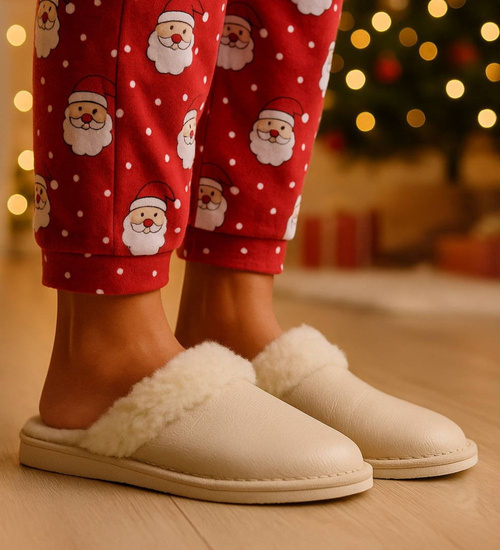 Skórzane beżowe kapcie damskie z wełną /D3-1 18465 S196/