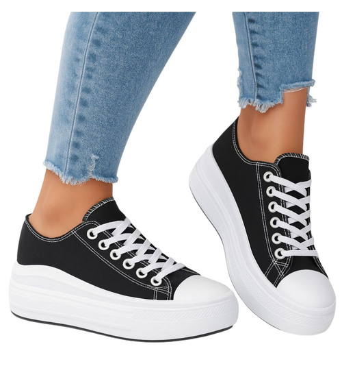 Czarne wiązane damskie trampki na platformie /D5-3 15903 G158/