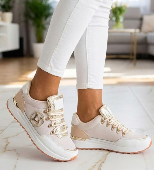 Sznurowane damskie buty sportowe Beżowe /D7-3 12348 T697/