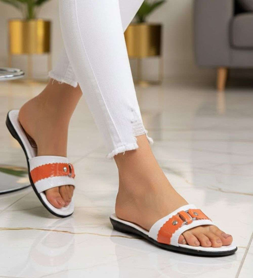 Pomarańczowo białe klapki na płaskim obcasie /H2 14346 T005/