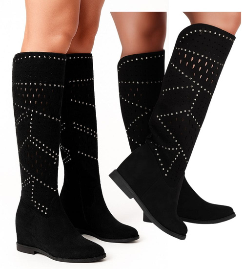 Ażurowe czarne kozaki na niskim koturnie /B6-1 16209 T343/