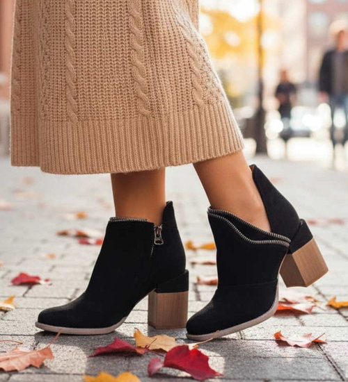 Czarne damskie botki na stabilnym obcasie /D6-1 12420 T220/