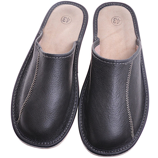 Skórzane męskie kapcie czarne /E9-1 10863 S196/