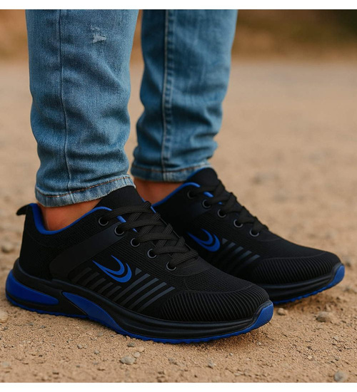 Sznurowane męskie czarno niebieskie buty sportowe /A2-1 18067 T286/