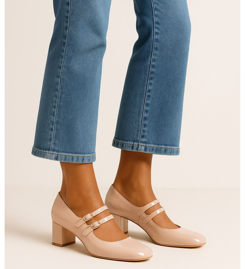 Beżowe czółenka na niskim obcasie z paskami /C7-2 17521  W182/