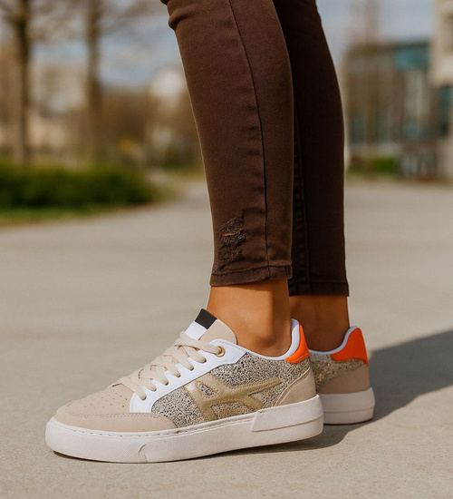 Trampki damskie sznurowane beżowo pomarańczowe /J5-4 H2 18475 W16-6/