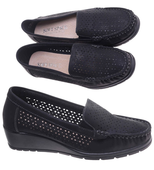 Ażurowe czarne czółenka na niskim koturnie /A6-3 17718 W299/