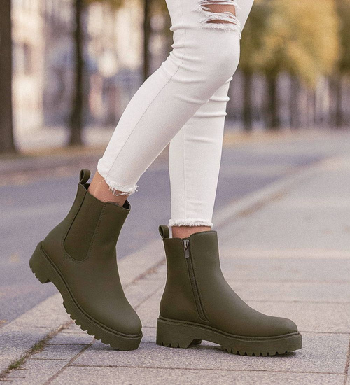 Oliwkowe matowe dziewczęce botki ocieplane /G13-2 18375 T188/