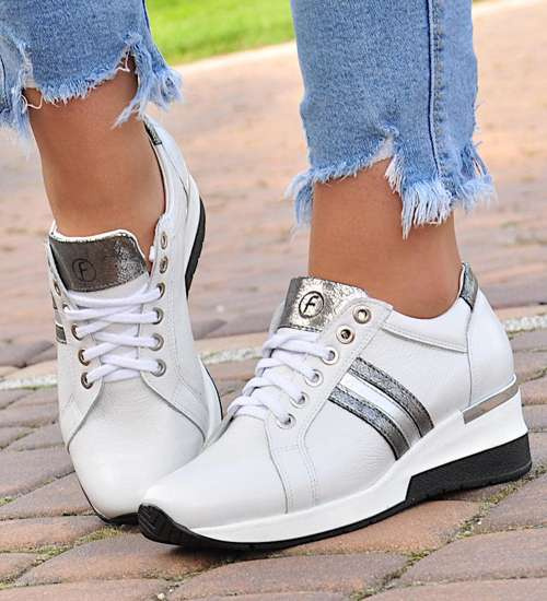 Sznurowane skórzane trampki damskie Białe /E7-3 9778 S154/