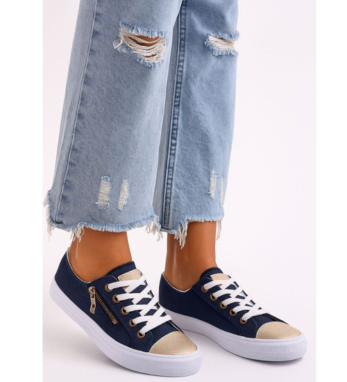 Sznurowane granatowe trampki ze złotymi noskami /F10-3 15805  T133/