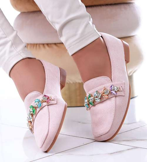 Beżowe balerinki lordsy z kamieniami /G3-2 13523A T463/