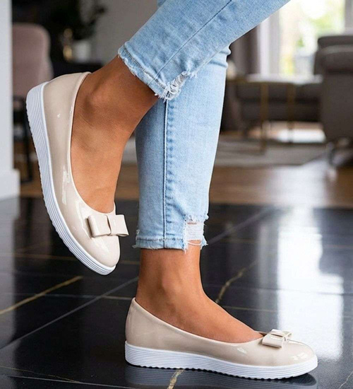 Beżowe balerinki damskie z kokardą /E3-2 15718 T140/