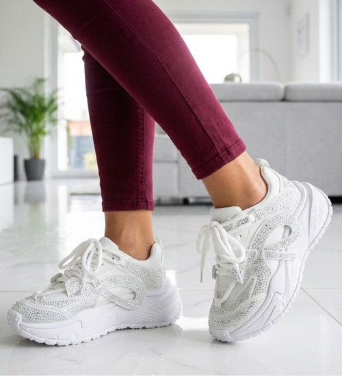 Białe buty sportowe na platformie z cyrkoniami /G11-1 17424 T891/